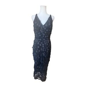 XSCAPE Black 3D Floral Applique Lace Midi Dress Size 10 Formal Evening Cocktail